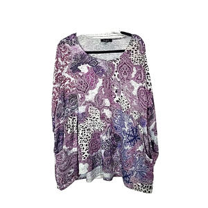 BLEU Purple Paisley Print Pockets Knit Long‎ Sleeve Boho Top Womans Plus Size 3X